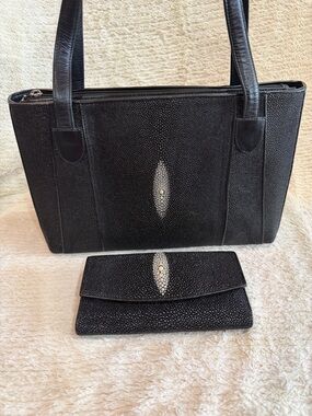 Black Stingray Leather Tote with Matching Wallet